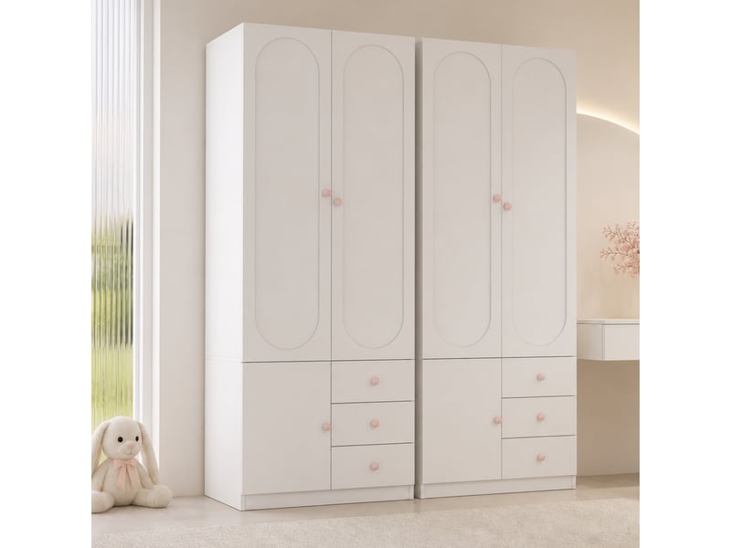 Ensemble armoire 2 portes 50 x 80 x 200 cm avec tiroirs, penderie et poignées en céramique rose, finition laquée blanche, meuble de rangement pour chambre - lot de 2 OPULERANE TRADING LTD - Conforama E
