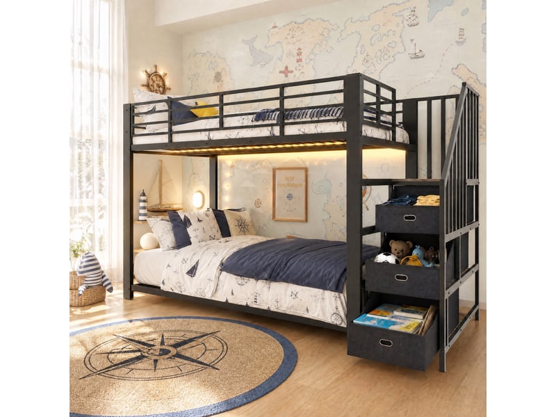 Lit superposé adulte 90x200 cm noir avec escalier, rangement, led et prises Fay Lum - Conforama B
