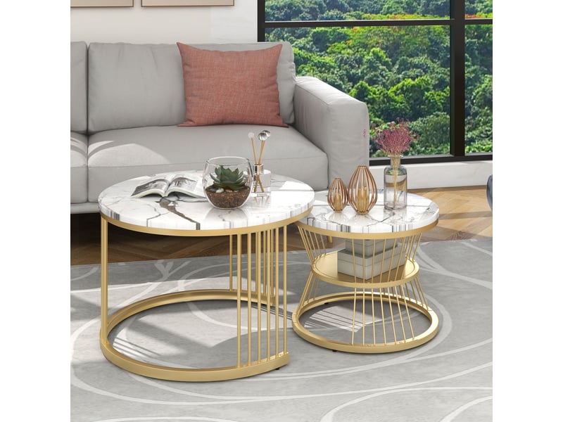 Lot de 2 tables basses rondes gigognes - 70 x 70 x 45.5 cm-or - table de salon style luxe discret effet marbre avec cadre doré - Conforama C