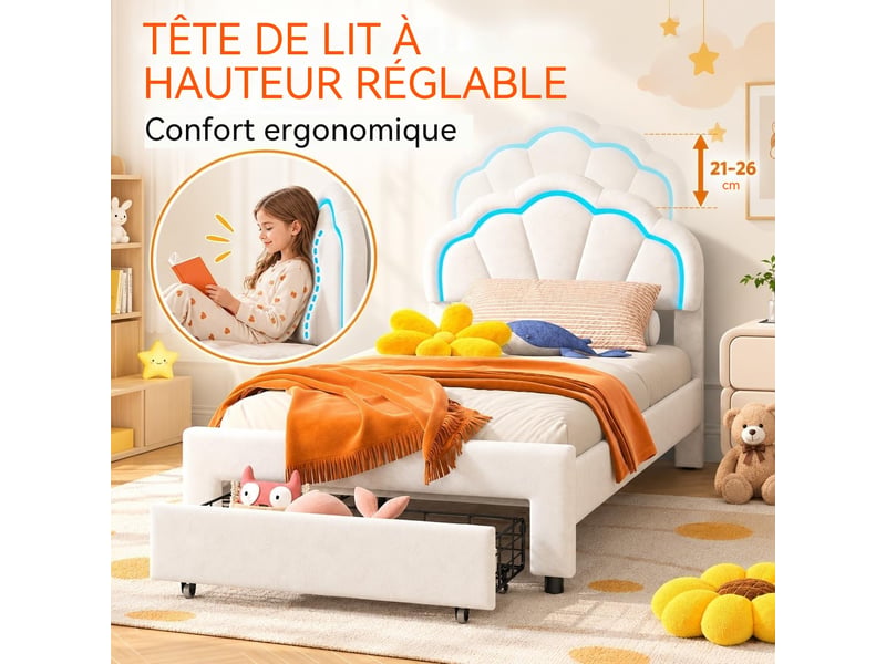  Lit jeune fille 90x200 cm, cadre de lit rembourré velours, tête de lit réglable, éclairage led rgb, tiroirs de rangement sous lit, lit simple pour chambre enfant  - Conforama D