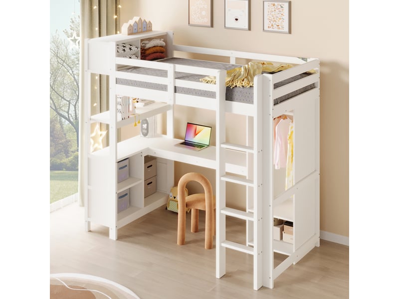  Lit mezzanine 90x200 cm avec bureau, étagères, armoire, sans matelas, blanc, rangement pour enfant sûr  - Conforama E