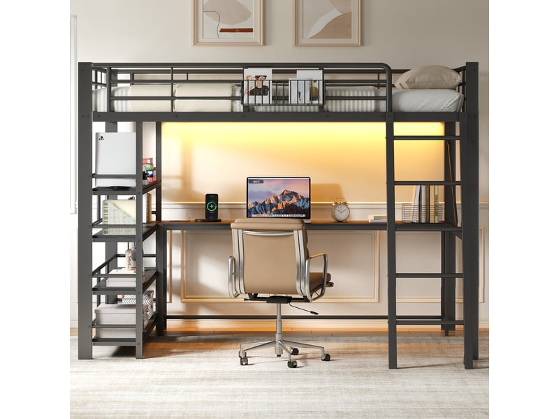  Lit mezzanine 140x200cm, bureau intégré, panier et compartiments de rangement, station usb, éclairage led, structure en métal, noir evarich - Conforama E