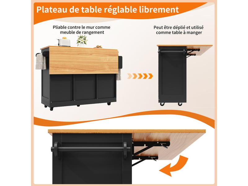  Desserte de cuisine pliante avec 2 portes, 2 tiroirs et 5 roulettes, en mdf et métal noir, 140 × 40 × 93,5 cm  - Conforama E