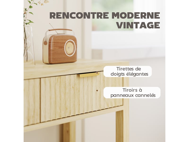  Console meuble 90 cm, table console étroite avec 2 tiroirs rainurés et étagère, bois naturel, style moderne  - Conforama E