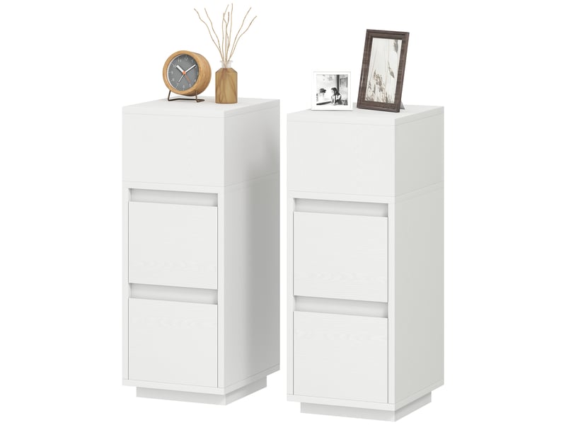  Ensemble de 2 tables de chevet modernes et peu encombrantes avec 2 tiroirs et une étagère ouverte, 25 x 30 x 65 cm, blanches  - Conforama B