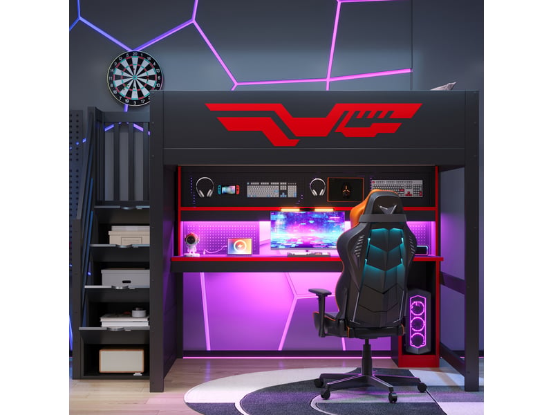 Lit mezzanine gaming 140x200 cm noir, avec bureau, escalier de rangement 4 compartiments, led 7 couleurs, usb, sommier inclus, sans matelas - Conforama W