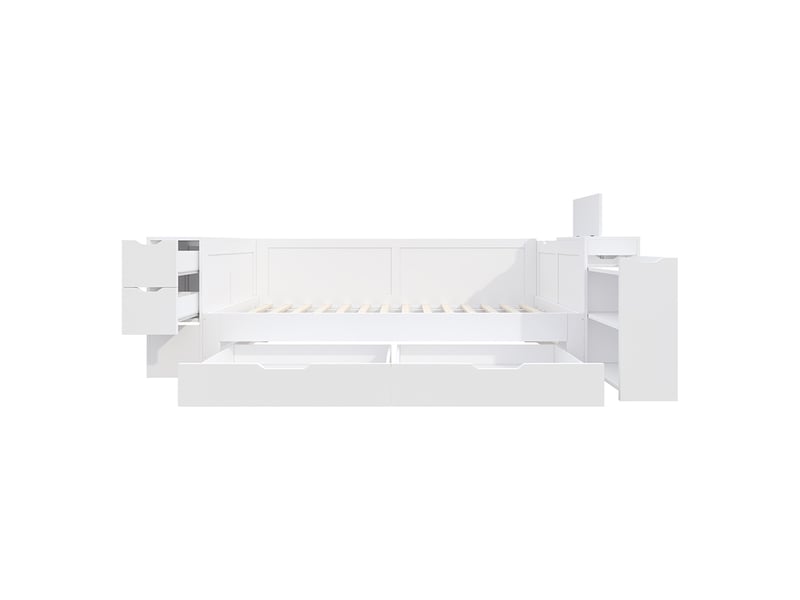  Lit enfant 90x200 cm avec tiroirs, étagères et placards de rangement, tables de chevet, sommier à lattes, structure en mdf, blanc  - Conforama E