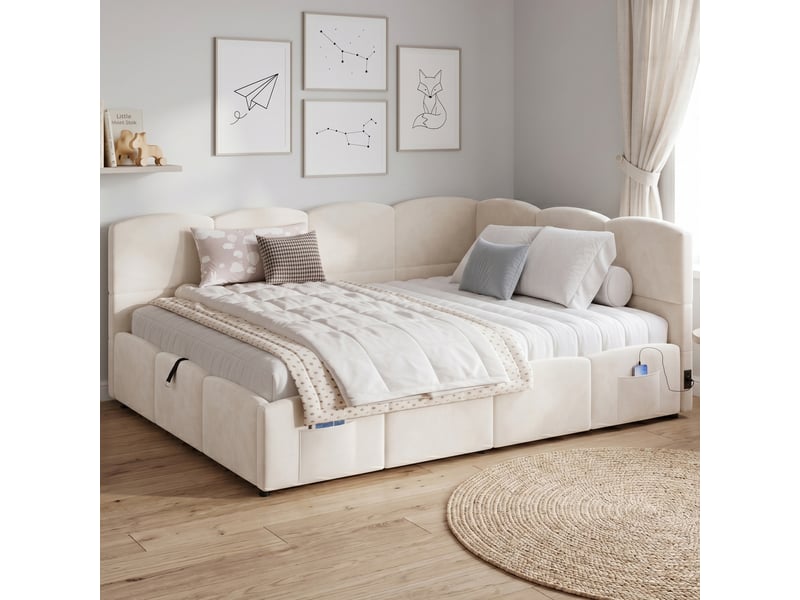  Lit banquette 140 × 190 cm 2 places avec coffre, usb et usb-c, poche latérale, sans matelas, beige  - Conforama C