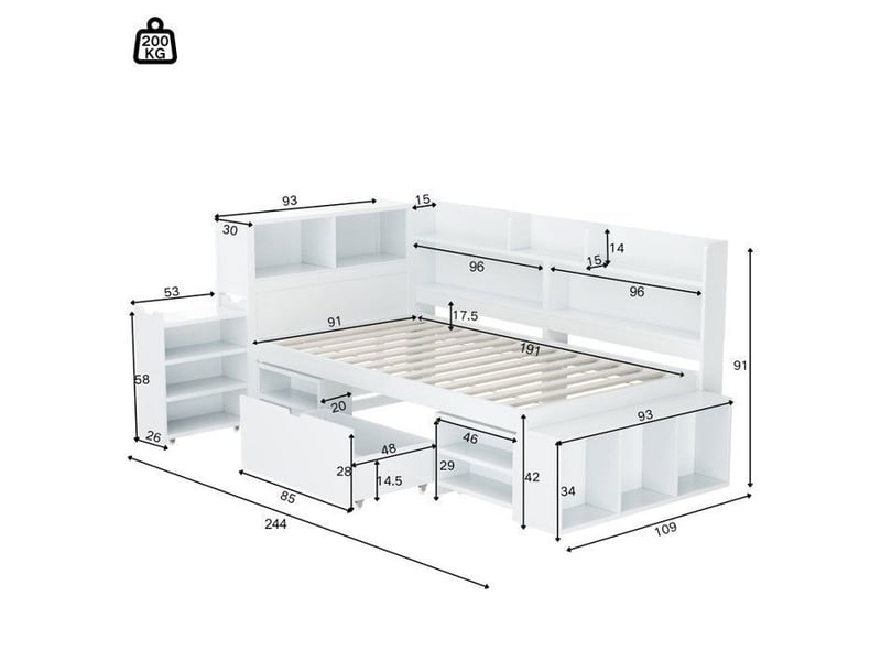  Lit enfant multifonctionnel - 90x190 cm - tiroirs intégrés - sommier à lattes inclus blanc - Conforama E