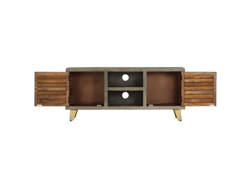  Meuble tv - banc tv - meuble de rangement bois solide de manguier gris avec laiton 110x30x48 cm  - Conforama C