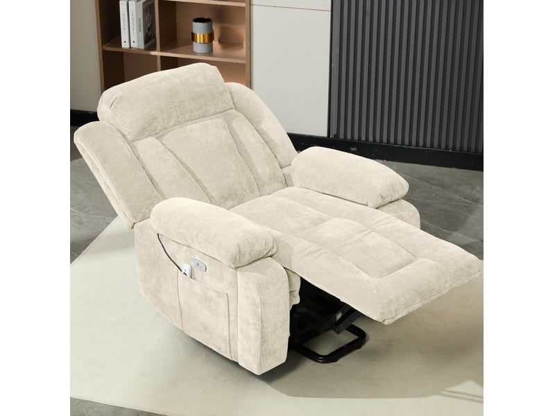  Fauteuil relax électrique avec massage 8 points, chauffage lombaire, relevage, usb, coffre et poches latérales en tissu beige  - Conforama D