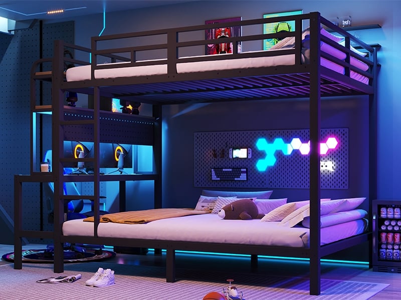  Lit superposé 140x200cm,  avec étagère de rangement, bureau, bande led, port usb, barrière de sécurité, échelle, noir  - Conforama B