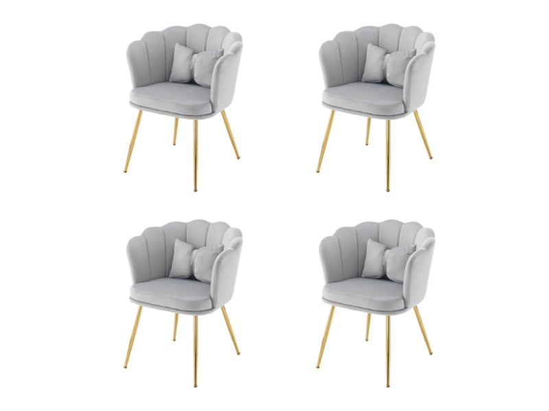 Lot de 4 chaises de salon, chaise rembourrée avec dossier en pétale, pieds en métal plaqué or et coussin papillon, gris, en velours - Conforama A