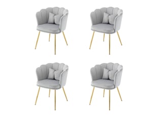 Lot de 4 chaises de salon, chaise rembourrée avec dossier en pétale, pieds en métal plaqué or et coussin papillon, gris, en velours