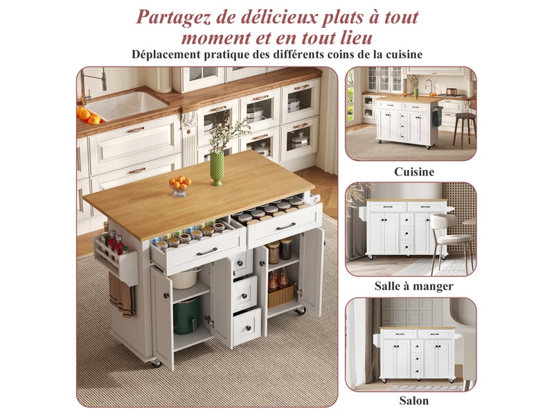 Desserte de cuisine,140x65x89 cm,5 tiroirs,mdf,blanc et naturel - Conforama E
