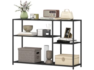 Console noire avec 4 étagères et cadre acier 110x30x75 cm pour entrée et salon