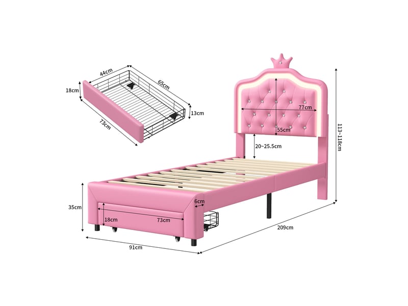  Lit simple 90x200 cm avec sommier, lit enfant avec tiroir et led, lit capitonné, tête de lit coquillage réglable, rose  - Conforama E