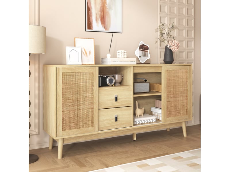  Buffet bas avec 3 portes coulissantes en rotin naturel et 2 tiroirs 155 x 38 x 80 cm bois clair  - Conforama D