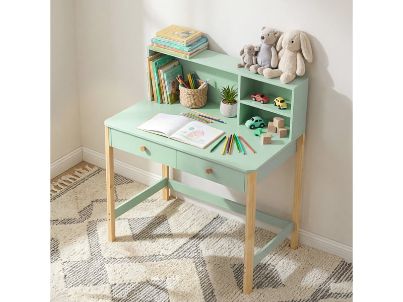 Bureau enfant en bois, bureau avec rangement, 2 tiroirs et 3 compartiments ouverts, plateau large, vert, 90x52x105cm - Conforama D