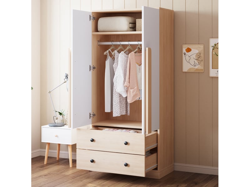  Armoire 2 portes avec 2 tiroirs et 1 grand compartiment pour chambre et dressing en bois et métal naturel et blanc  - Conforama B