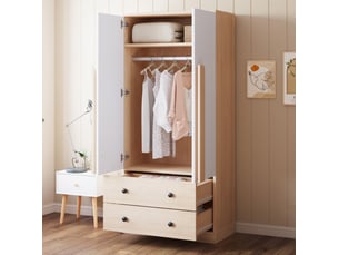 Armoire 2 portes avec 2 tiroirs et 1 grand compartiment pour chambre et dressing en bois et métal naturel et blanc