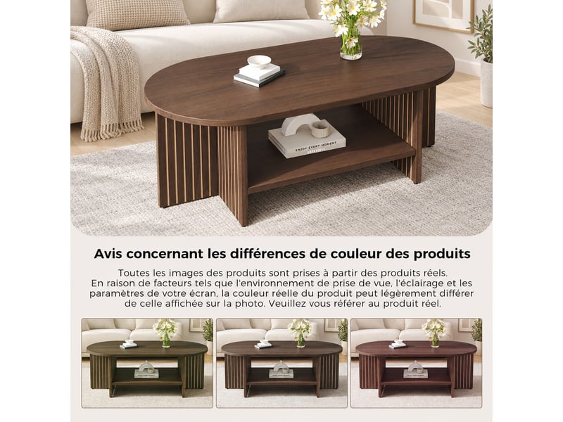  Table basse ovale 100 x 49 x 35 cm noyer en mdf, étagère basse, côtés rainurés, meuble de salon moderne  - Conforama E
