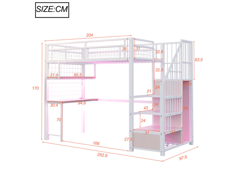  Lit mezzanine 90×200 cm, lit simple avec escalier de rangement, bureau, étagères et prises, sans matelas, blanc  - Conforama E