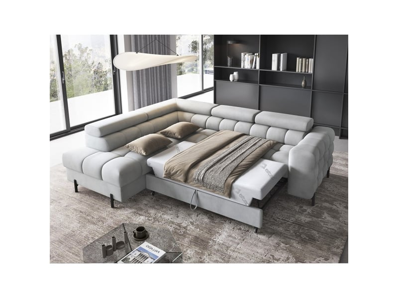  Canapé d'angle gauche ferrum gris clair avec coffre pieds métal 276x93x200cm  - Conforama B