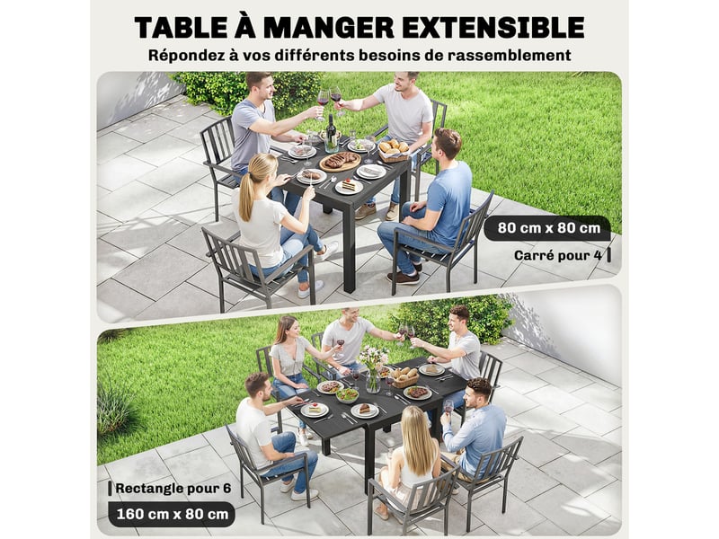  Table de jardin extensible 4-6 personnes en aluminium noir 80-160 x 80 x 75 cm  - Conforama D