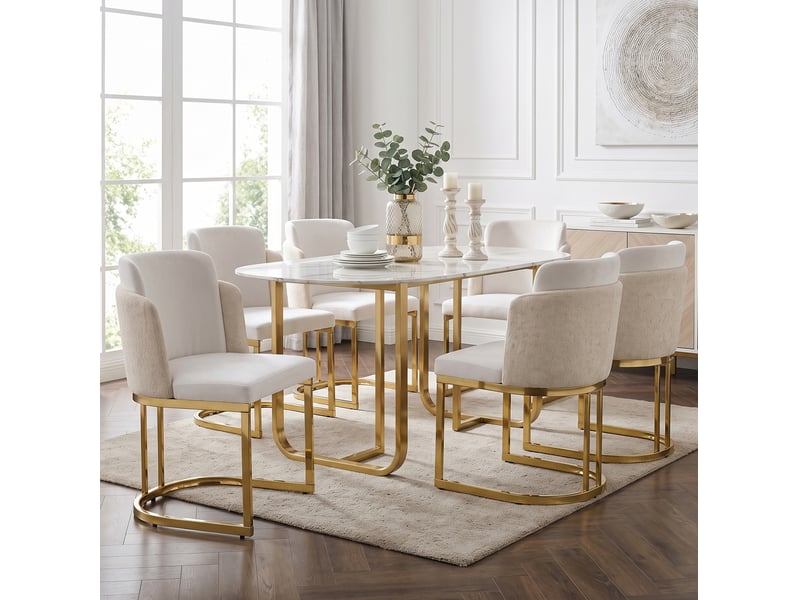 Lot de 4 chaises de salle à manger beige et doré - design moderne, dossier double, assise confortable et pieds métalliques galvanisés brillants - Conforama D