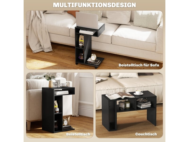  Table basse en c avec 3 niches, 4 roulettes et freins, pour salon, 40×30×69 cm, en bois, noir  - Conforama E