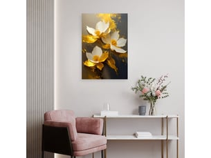 Tableau moderne, magnolias blancs aux accents dorés sur fond sombre 30x45
