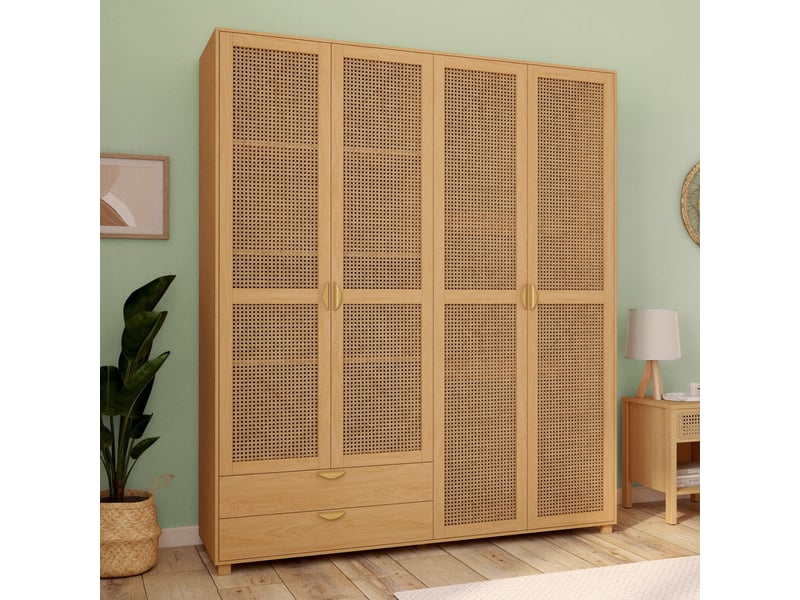 Armoire 4 portes edhen bois et cannage penderie 160 cm avec 2 tiroirs et étagères - Conforama B