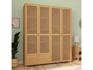 Armoire 4 portes edhen bois et cannage penderie 160 cm avec 2 tiroirs et étagères