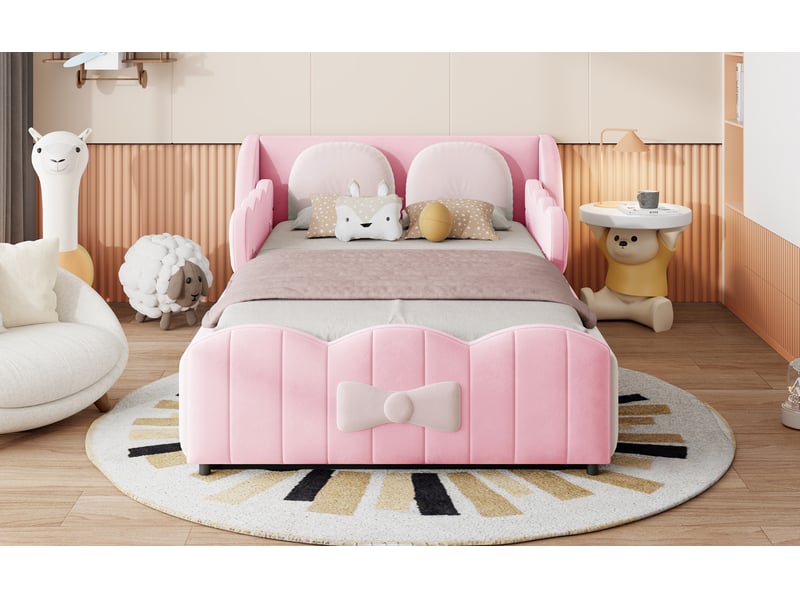  Lit enfant 90x200 cm,coffre hydraulique, côtés en forme d’ailes, nœud décoratif et 2 grands coussins, velours, rose  - Conforama B