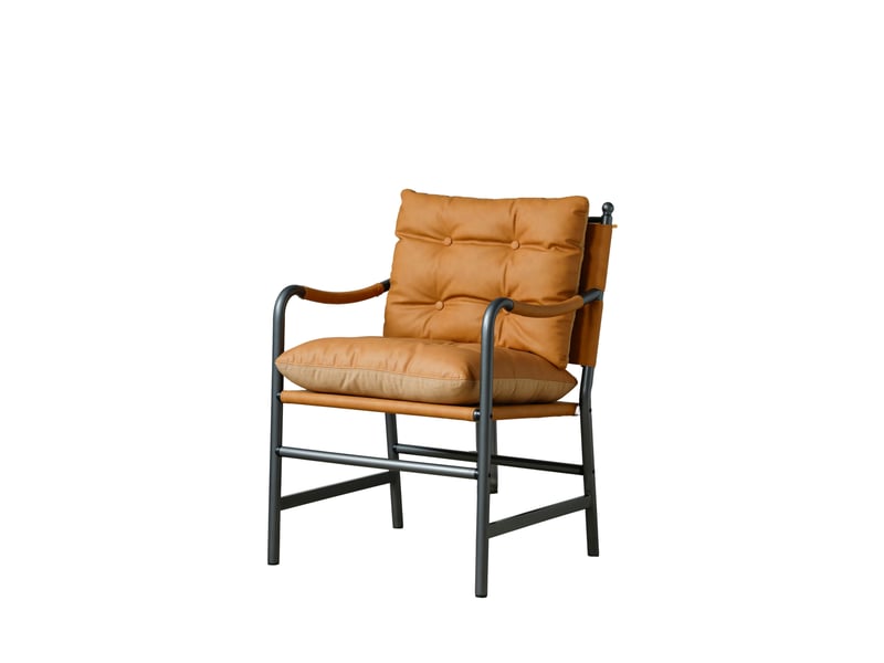  Fauteuil avec accoudoirs et dossier rembourré pour salon, style milieu du siècle en cuir synthétique et métal marron  - Conforama A