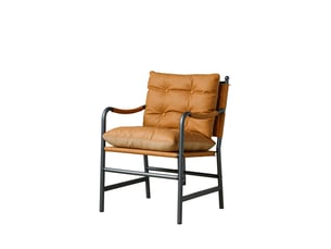 Fauteuil avec accoudoirs et dossier rembourré pour salon, style milieu du siècle en cuir synthétique et métal marron