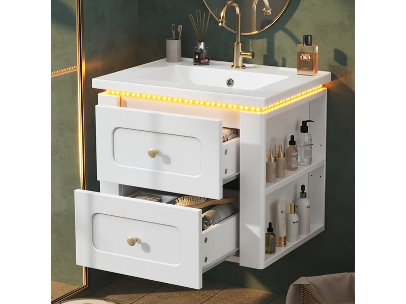  Meuble sous lavabo suspendu 61x47x50 cm blanc brillant avec led et vasque  - Conforama E