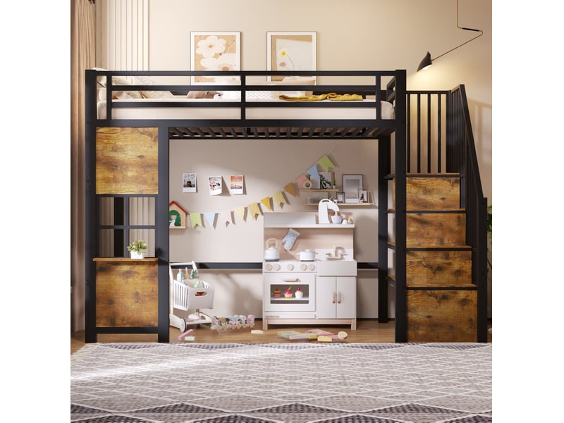  Lit mezzanine enfant 90 × 200 cm 1 place avec escalier de rangement et étagères, sans matelas, métal mdf noir  - Conforama C