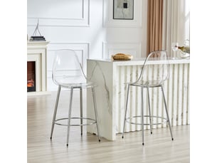 Lot de 2 tabourets de bar transparents avec dossier ergonomique, pieds en métal argenté et repose-pieds intégré, hauteur totale 102 cm