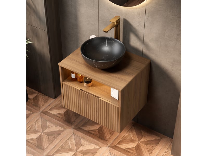 Meuble sous vasque suspendu avec 1 tiroir, niche, led et vasque en céramique noire, chêne brun 60 × 46 × 60,8 cm  - Conforama D