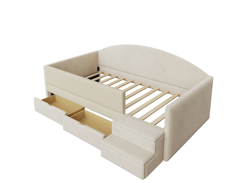  Lit banquette 90 x 190 cm, tiroirs de rangement, marches d’accès, barrières latérales, structure rembourrée, pour la chambre, velours, beige ABC - Conforama A