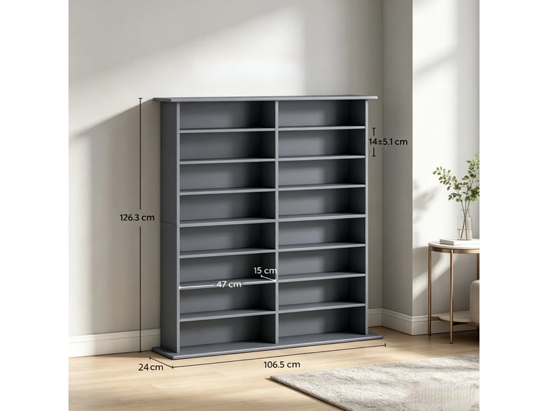  Meuble de rangement cd et dvd 106.5x24x126.3 cm à tablettes réglables en panneaux de particules gris  - Conforama E