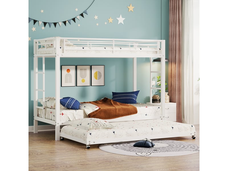  Lit superposé enfant 90 x 200 cm avec lit gigogne 90 x 190 cm, structure en métal blanc pour chambre partagée  - Conforama D
