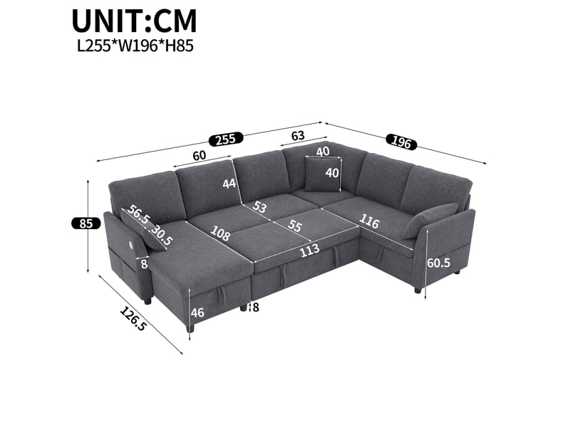 Canapé d'angle modulable 6 places 255x196x85 cm convertible gris  - Conforama C