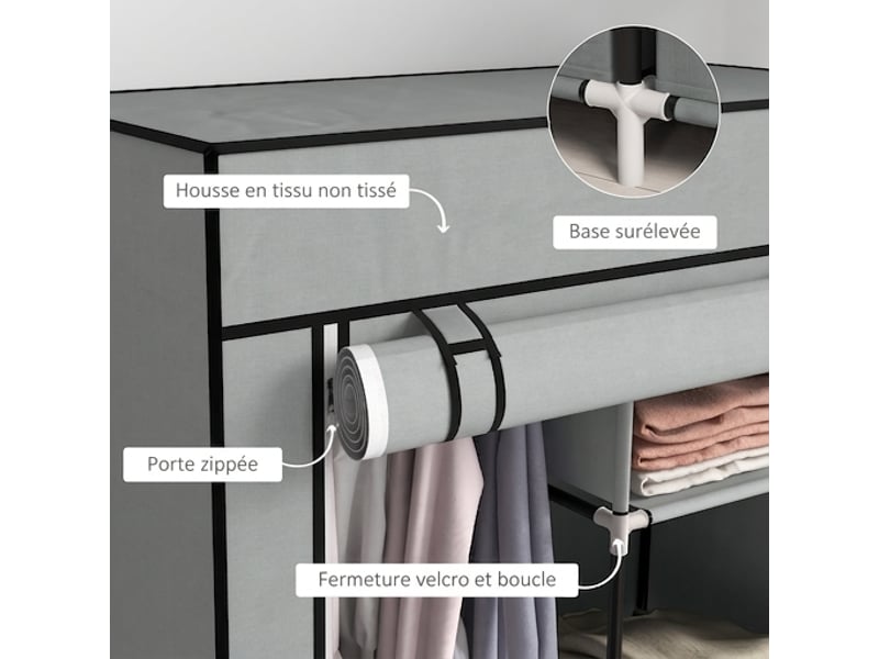  Armoire en tissu gris clair pliante avec penderie et 5 étagères, 83x42,5x162,5 cm  - Conforama D