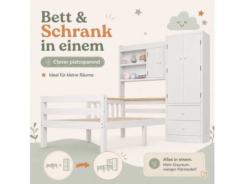  Lit combiné enfant modenvie 90 x 200 cm avec armoire, tiroirs et étagères ouvertes, blanc  - Conforama E