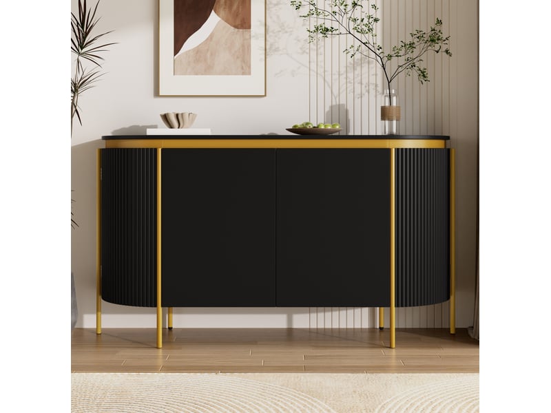  Buffet et enfilade ovale 4 portes sans poignées, étagère et passe-câbles pour salon en mdf noir 140 × 38 × 80 cm  - Conforama D