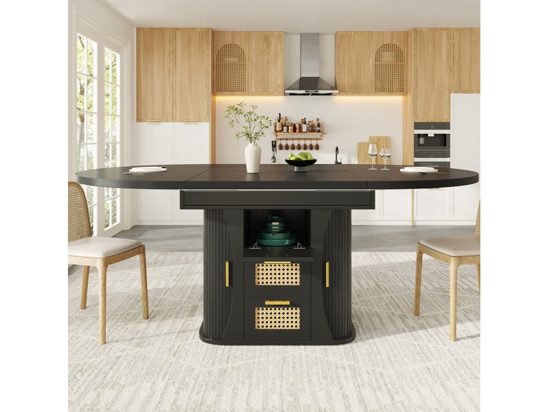  Table à manger extensible 118-158x118x77cm avec rangement et tiroirs en rotin, finition noire, plateau aggloméré, usage cuisine, salon  - Conforama D