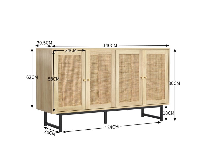 Buffet en rotin, 140 x 39,5 x 80 cm, buffet cuisine avec 4 portes, vaisselier, meuble de rangement - Conforama C